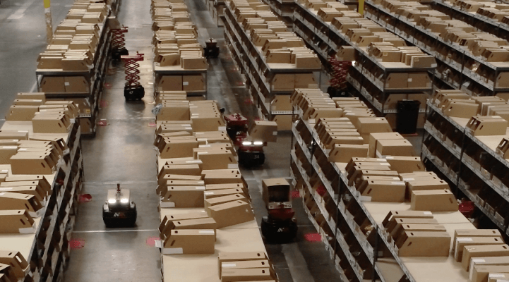 inVia Picking Robots Moving Through Warehouse Aisles