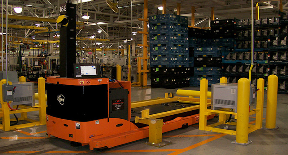 An AGV designed to carry several different types of pallets.
