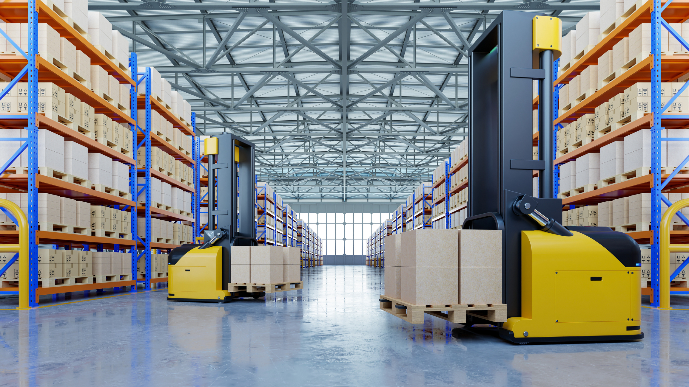 Modern warehouse with AGV forklifts and high shelves.